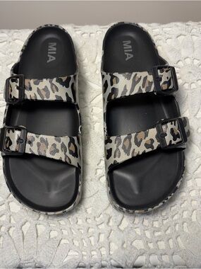 MIA Leopard-Print Double Buckle Slide Sandals - Black, Tan